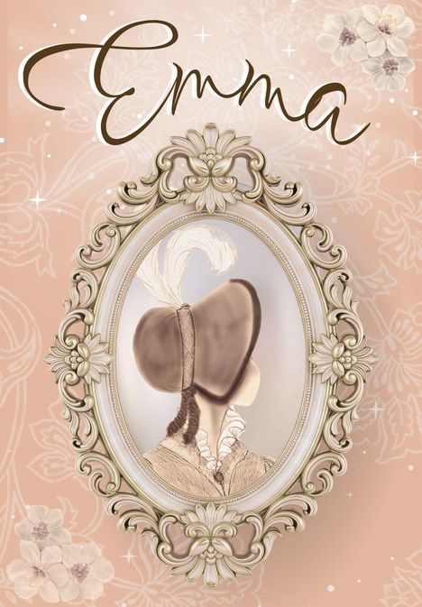 Schriftzug „Emma“; im ovalen Rahmen eine historische Illustration einer Person mit Hut und Feder. Hintergrund mit Blumen.