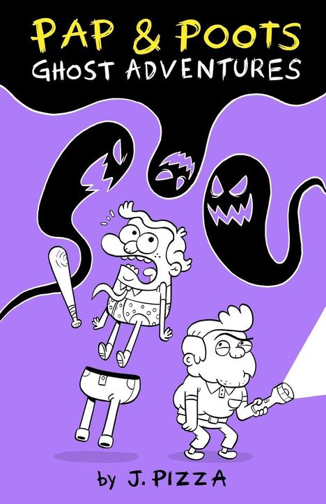 "PAP & POOTS GHOST ADVENTURES by J. PIZZA." Illustration: Zwei verängstigte Figuren, Geister in Schwarz auf lila Hintergrund.