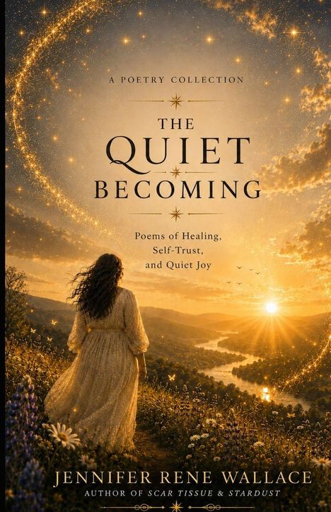 Titel: "The Quiet Becoming". Autor: Jennifer Rene Wallace. Frau in Blumenwiese, blickt auf Sonnenuntergang über Flusstal.