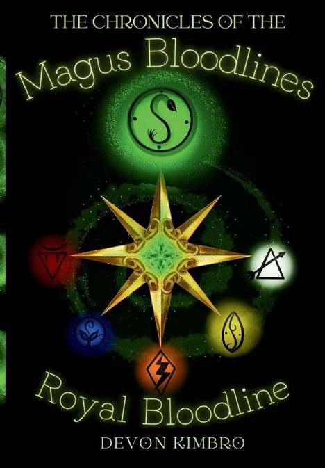 "The Chronicles of the Magus Bloodlines", "Royal Bloodline", "Devon Kimbro". Grünes Logo mit Symbolen und einem goldenen Stern.