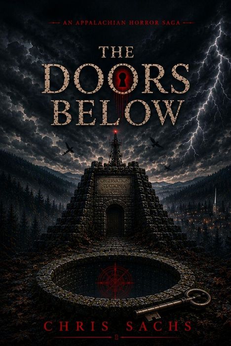 Text: "The Doors Below", "An Appalachian Horror Saga", "Observation Station A 1961", "Chris Sachs".  
Illustration: Dunkler Turm, stürmische Wolken und Wald.