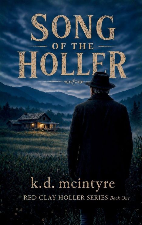 "Song of the Holler" in großer Schrift. Ein Mann mit Hut steht vor einer Hütte in einer dunklen, bewaldeten Landschaft.