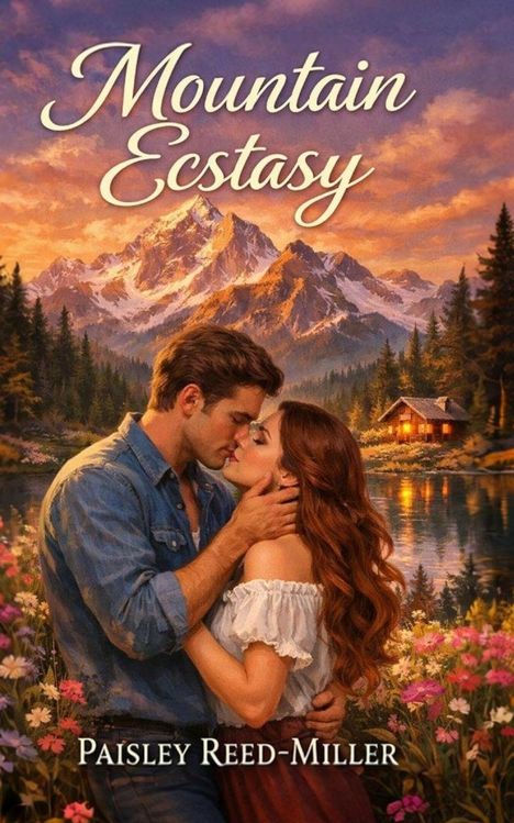 "Mountain Ecstasy" und "Paisley Reed-Miller" in geschwungener Schrift, ein Paar umarmt sich vor einer Alpenkulisse mit Hütte.