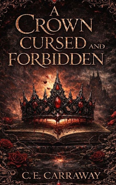 „A Crown Cursed and Forbidden“ von C.E. Carraway. Krone über altem Buch, umgeben von roten Rosen. Mystische Atmosphäre.