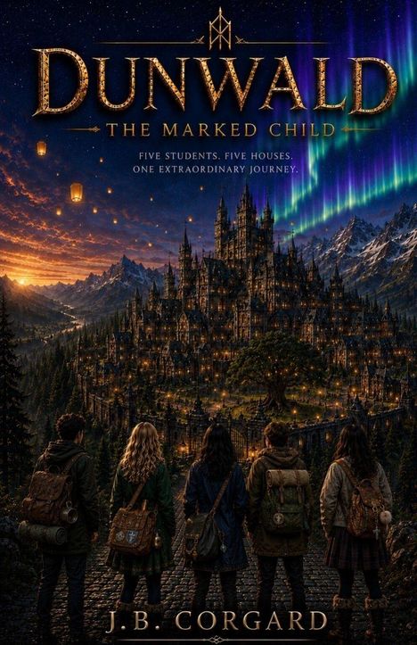 "Dunwald: The Marked Child. Five students. Five houses. One extraordinary journey." Fünf Personen blicken auf ein beleuchtetes Schloss.