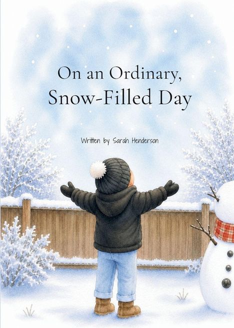 „On an Ordinary, Snow-Filled Day“, „Written by Sarah Henderson“. Illustration: Kind im Schnee, breitet Arme aus.
