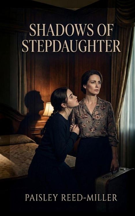 "Shadows of Stepdaughter", "Paisley Reed-Miller". Zwei Frauen, eine junge, eine ältere, in einem dunklen Zimmer mit Koffer.