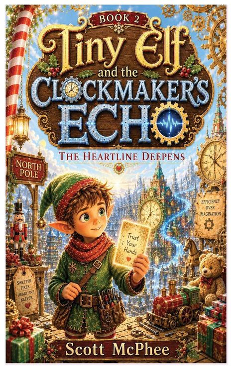 "Book 2: Tiny Elf and the Clockmaker's Echo. The Heartline Deepens. North Pole. Trust Your Hands. Scott McPhee." Ein Elf hält ein leuchtendes Blatt Papier, umgeben von Spielzeugen und Uhrwerken.