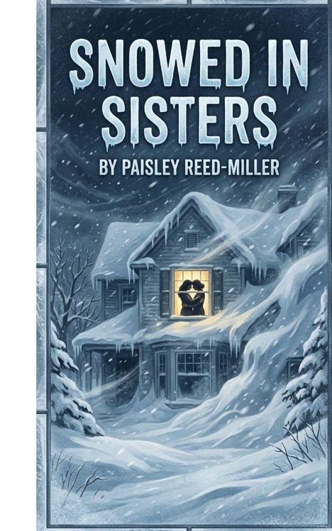 "SNOWED IN SISTERS" von Paisley Reed-Miller. Winterliche Illustration eines eingeschneiten Hauses mit erleuchtetem Fenster.