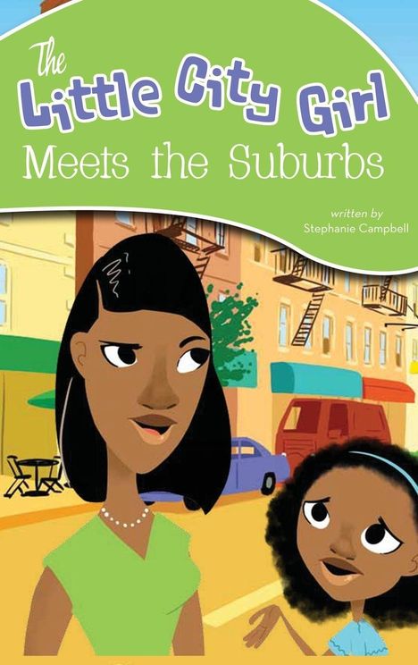 "The Little City Girl Meets the Suburbs" in verspielter Schrift. Illustration: Zwei Personen in einer städtischen Szene.