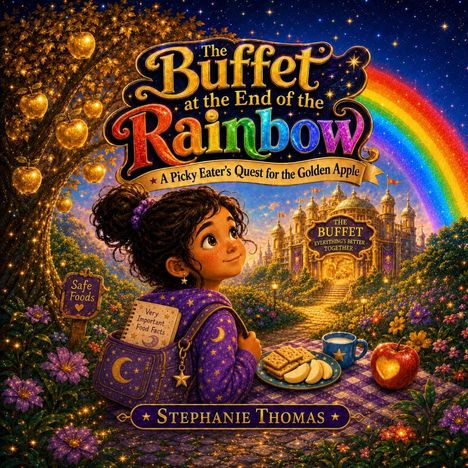 "The Buffet at the End of the Rainbow", "A Picky Eater’s Quest for the Golden Apple", "Stephanie Thomas". Illustratives Bild.