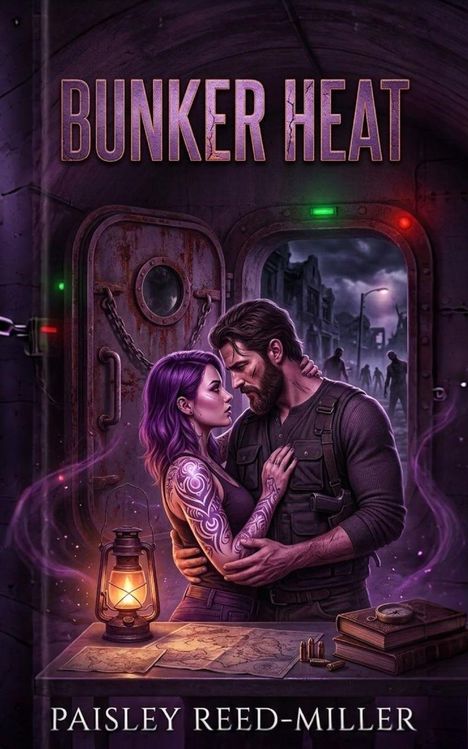 „BUNKER HEAT“ und „PAISLEY REED-MILLER“. Illustration: Ein Paar in einem Bunker, draußen sind Zombies erkennbar.