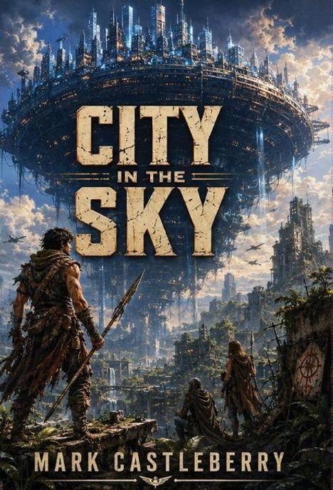Der Text lautet: "City in the Sky. Mark Castleberry". Eine futuristische Stadt schwebt über einer überwucherten Ruinenlandschaft.