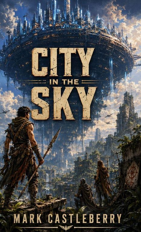„City in the Sky“ und „Mark Castleberry“ in großen Buchstaben. Eine schwebende Stadt über einer grünen Landschaft.