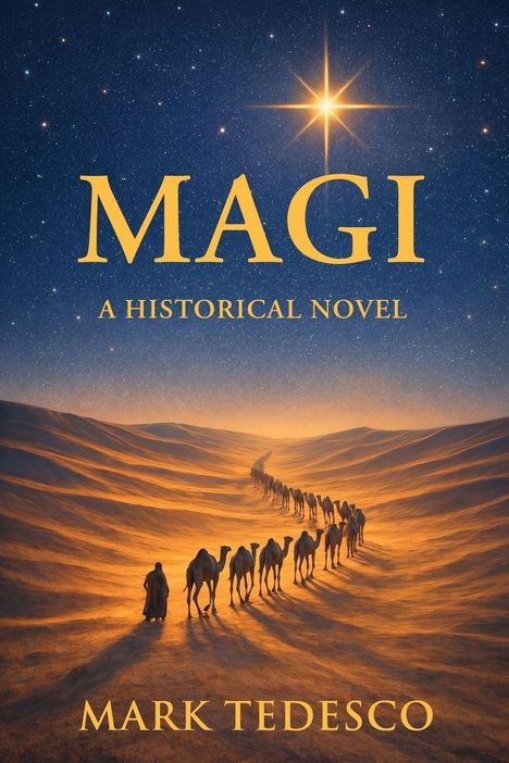 „MAGI: A Historical Novel“ von Mark Tedesco. Eine Kamelkarawane wandert durch eine sandige Wüstenlandschaft unter Sternenhimmel.