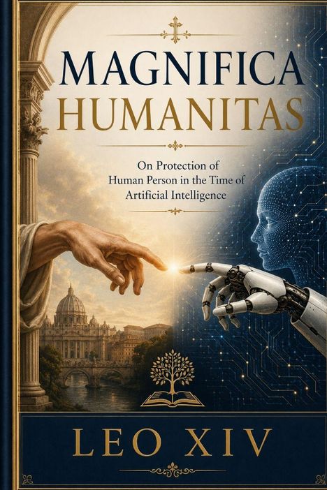 "Magnifica Humanitas: On Protection of Human Person in the Time of Artificial Intelligence. LEO XIV" Ein Buchcover mit Roboterhand.