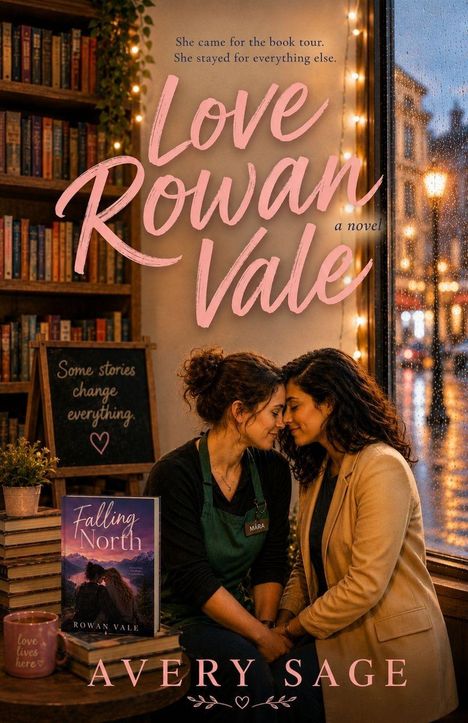 "Love Rowan Vale" ein Roman von Avery Sage. Zwei Frauen sitzen verliebt aneinandergelehnt in einem gemütlichen Buchladen.