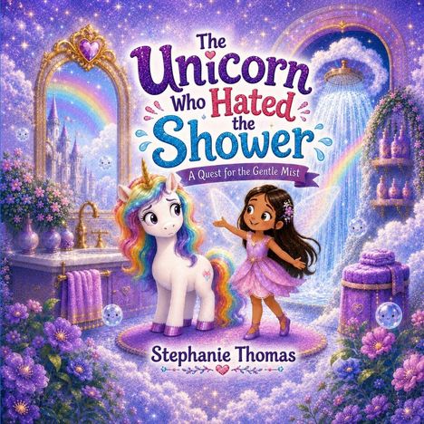 Ein Einhorn und ein Mädchen in einem magischen, lila Bad mit Regenbogen, Blumen, Wasserfall und Seifenblasen.