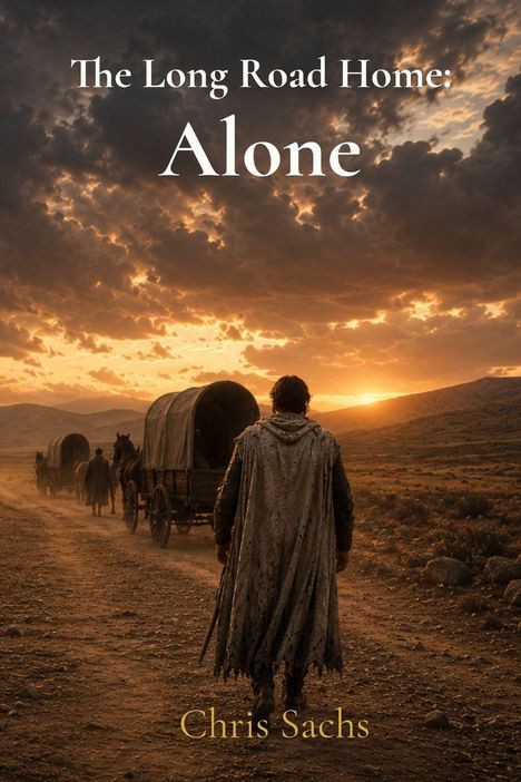 „The Long Road Home: Alone. Chris Sachs“. Ein Mann folgt Planwagen in einer weiten, roten Landschaft beim Sonnenuntergang.