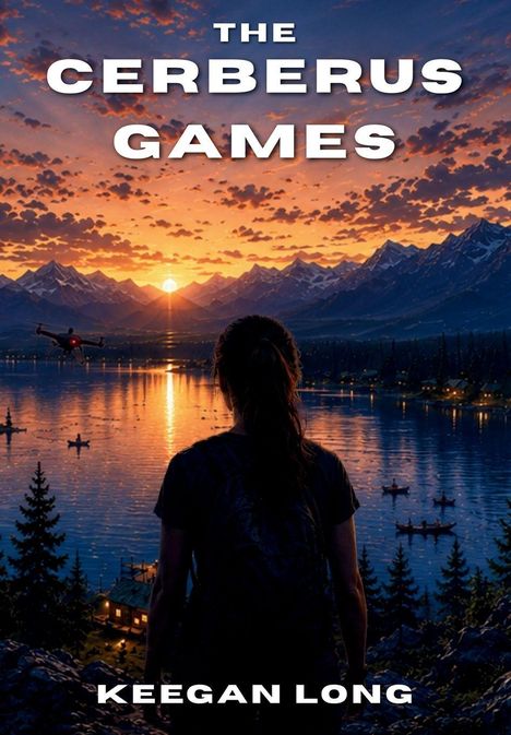 „The Cerberus Games“ und „Keegan Long“. Eine Person blickt auf einen See bei Sonnenuntergang, Berge im Hintergrund.