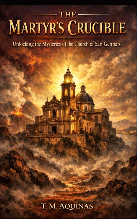 Text: "The Martyr's Crucible", "Unlocking the Mysteries of the Church of San Gennaro", "T. M. Aquinas". 

Eine Kirche in einer dramatischen, feurigen Landschaft.