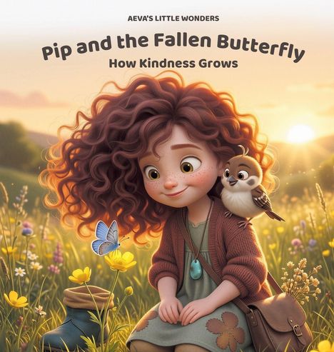 AEVA'S LITTLE WONDERS - Pip and the Fallen Butterfly: How Kindness Grows. Illustration eines Mädchens mit Vogel und Schmetterling.