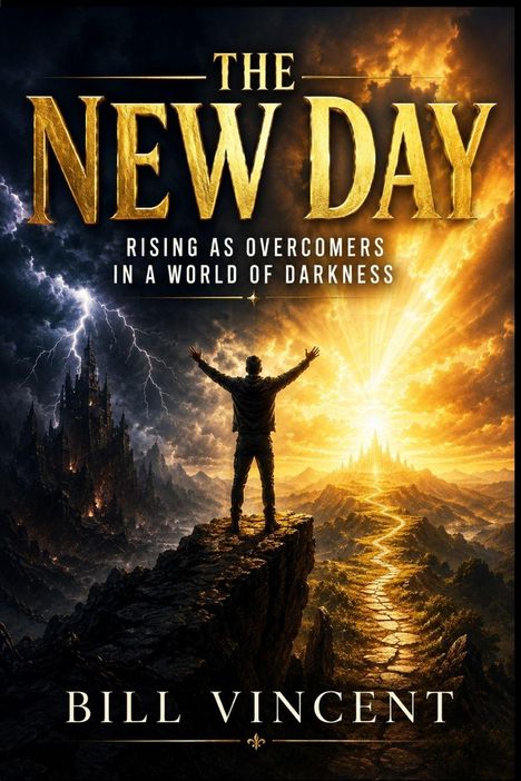 "The New Day: Rising as Overcomers in a World of Darkness" von Bill Vincent. Ein Mann steht vor einer leuchtenden Stadt.