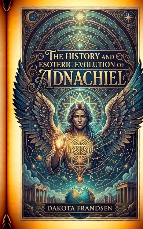 "The History and Esoteric Evolution of Adnachiel", Dakota Frandsen. Illustration: Engel mit Flügeln, Himmel, Sterne, Gebäude.