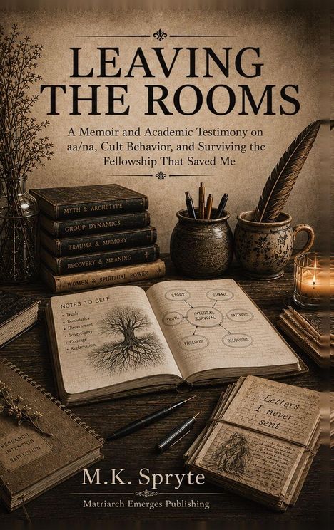 "LEAVING THE ROOMS" über alten Büchern und Schreibutensilien. Ein offenes Notizbuch zeigt eine Baumzeichnung.