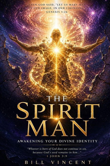 Text: "THE SPIRIT MAN", "Awakening Your Divine Identity". Illustration: Strahlendes Wesen im Kosmos, ein Lichtstrahl.