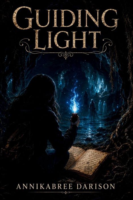 „GUIDING LIGHT“ und „ANNIKABREE DARISON“. Eine Person mit einer leuchtenden Flamme erkundet eine mystische Höhle.