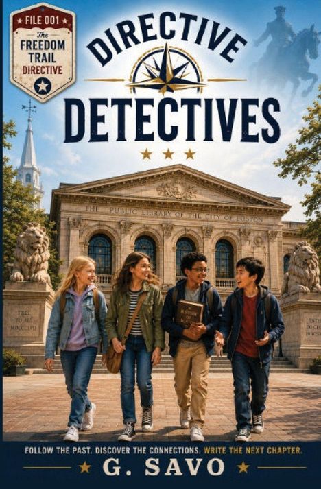 "Directive Detectives", begleitet von einem Kompass-Symbol. Vier Jugendliche, stehen fröhlich vor einer Bibliothek.