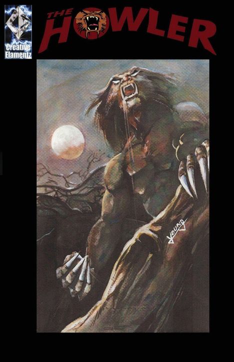 "The Howler" in roter Schrift. Illustration: Ein Werwolf heult vor einem vollen Mond und zeigt seine langen Krallen.