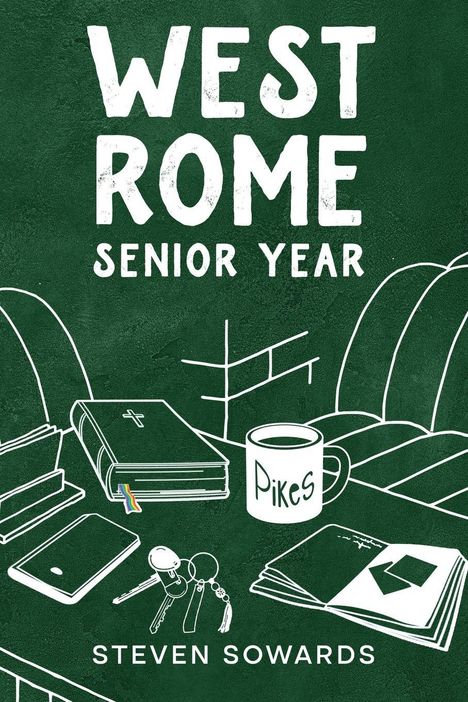 „West Rome Senior Year“: Illustration mit Tasse „Pikes“, Bibel, Handy, Schlüssel und Notizbuch auf grünem Hintergrund.