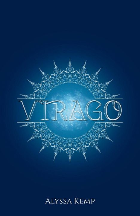 "VIRAGO" in großen Buchstaben, darunter "Alyssa Kemp". Hintergrund: ein detailliertes, blaues, mandalaartiges Muster.