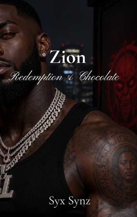 Zion: Redemption & Chocolate, Syx Synz. Ein muskulöser Mann mit Ketten und Tattoo, vor einer nächtlichen Skyline.