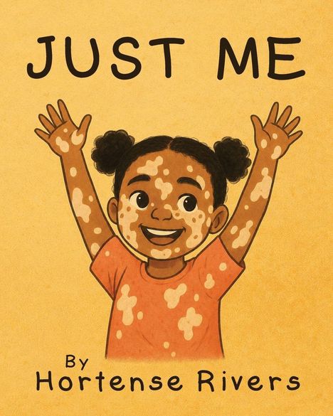 „Just Me“ und „By Hortense Rivers“. Fröhliches Kind mit Vitiligo, hebt die Arme, lächelt, orangefarbener Hintergrund. Illustration.
