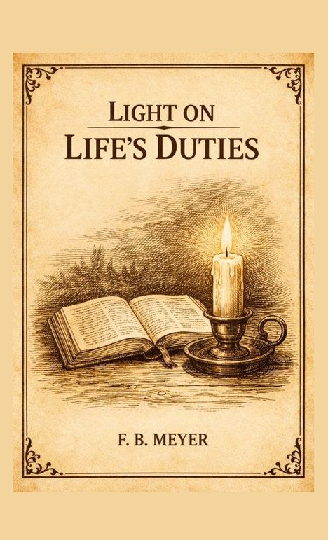 Buchtitel "Light on Life's Duties" von F.B. Meyer. Illustration einer brennenden Kerze neben einem offenen Buch.