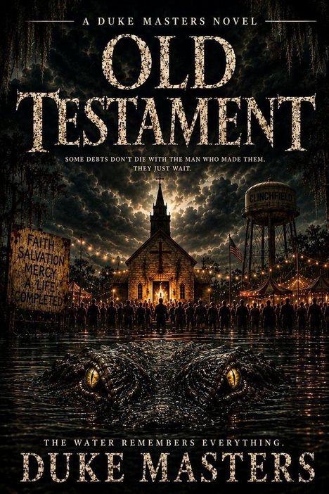 Titel: "OLD TESTAMENT". Darunter: "Some debts don't die with the man who made them. They just wait." Kirche bei Nacht.