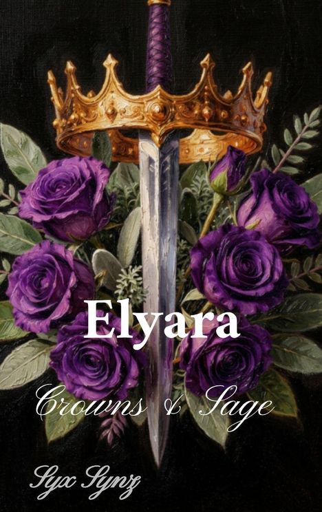 „Elyara“, „Crowns & Sage“, „Styx Synz“. Goldene Krone und Schwert vor lila Rosen auf dunklem Hintergrund.