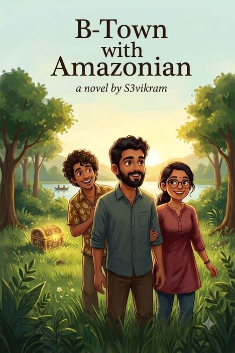 "B-Town with Amazonian, a novel by S3vikram." Drei Personen lachen beim Spaziergang in einem waldigen Gebiet, Schatztruhe nahebei.