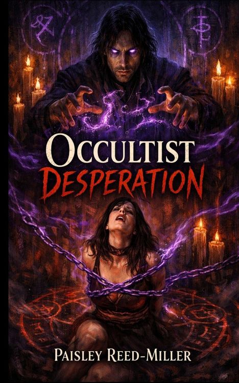 Texte: Occultist Desperation, Paisley Reed-Miller. Illustration: Mann mit leuchtenden Augen, Frau mit magischen Fesseln.
