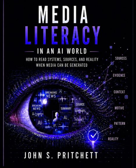 "MEDIA LITERACY IN AN AI WORLD" steht oben. Ein digitales Auge in Blau- und Lila-Tönen mit Wörtern wie "Ai", "Breaking News".