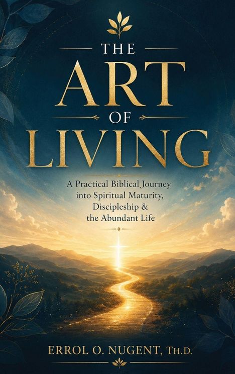 "The Art of Living" in großen Buchstaben. Darunter Lichtweg in malerischer Hügellandschaft mit Kreuz am Horizont.