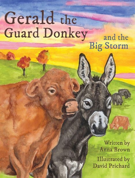„Gerald the Guard Donkey and the Big Storm“. Illustration einer Kuh mit Esel, bunte Bäume im Hintergrund.