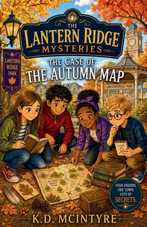 Eine Illustration zeigt vier Kinder beim Überprüfen einer Karte von "Lantern Ridge Park" mit Büchern und einem Notizblock.