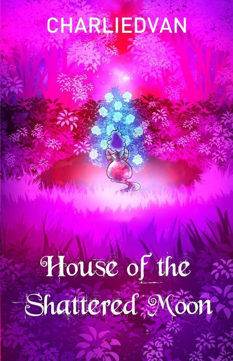 Text: "CHARLIEDVAN" und "House of the Shattered Moon". Eine bunte Illustration mit einer Figur vor leuchtenden Blumen im Wald.