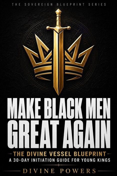 MAKE BLACK MEN GREAT AGAIN. Goldenes Schwert mit Krone, kraftvolle und inspirierende Botschaft.