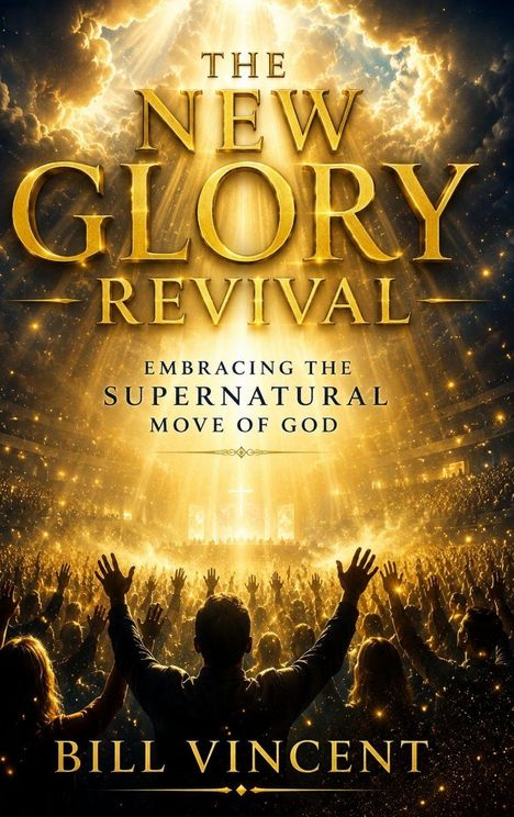 "The New Glory Revival" und "Bill Vincent". Menschenmenge mit erhobenen Händen in goldenem Licht, im Hintergrund ein Kreuz.