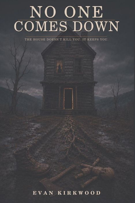 "No one comes down. The house doesn't kill you. It keeps you." Verlassenes, düsteres Haus mit Spuren und Puppe.